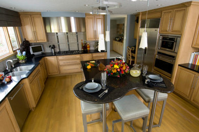 Large transitional light wood floor kitchen photo in Columbus with a double-bowl sink, glass-front cabinets, light wood cabinets, quartzite countertops, gray backsplash, mosaic tile backsplash, stainless steel appliances and two islands