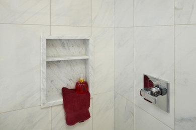Trendy white tile and porcelain tile alcove shower photo in Calgary