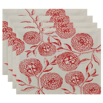 18"x14" Antique Flowers, Floral Print Placemat, Coral, Set of 4