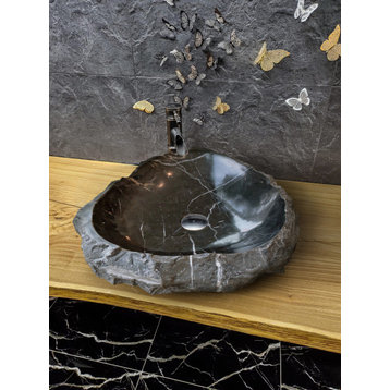 Toros Black Rustic Marble Vessel Sink Polished Interior Hand Chiseled Exterior