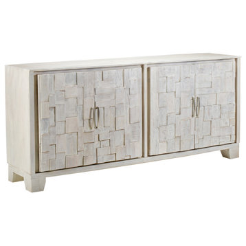 80" Mosaic Whitewashed Sideboard Buffet, Hand Carved Door Details