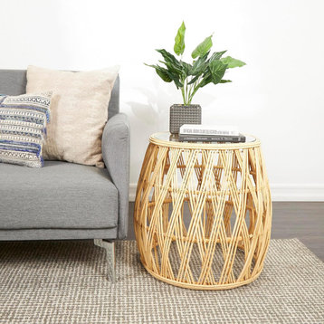 Unique Accent End Table, Rattan Frame With Crossed Pattern & Glass Top, Natural