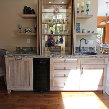 Rustic Dining Room/Wet Bar with Cherry Cappuccino Cabinets and Quartz Countertop