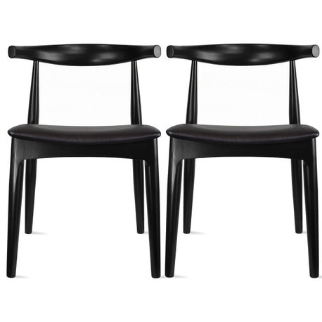 Set of 2 Modern Wooden Elbow Dining Chairs With PU Leather or Beige Fabric Seat, Black (Assembled)