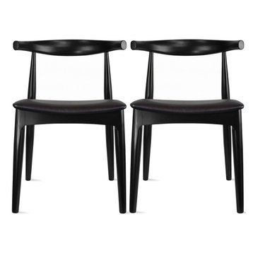 Set of 2 Elbow Farmhouse Wooden Dining Chairs With PU Leather Seat, Black(assembled)