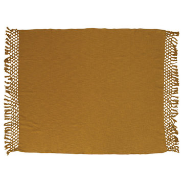 Woven Cotton Throw With Crochet and Fringe, Mustard