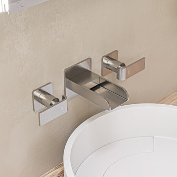 ALFI Widespread Wall Mounted Modern Waterfall Bathroom Faucet, Brushed Nickel