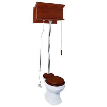 Flat Round High Tank Toilet, Mahogany, White, Chrome