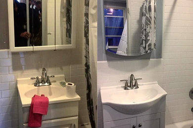 Mid-sized minimalist master white tile bathroom photo in New York with gray walls