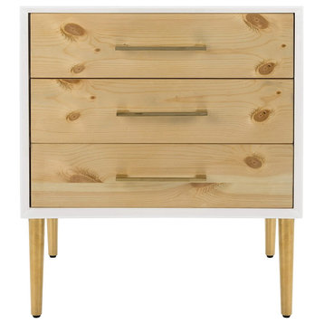 Modern Side Table, 2 Tone Design With 3 Storage Drawers and Brass Pull Handles
