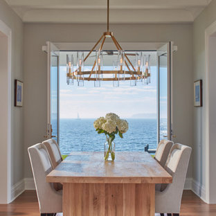 Example of a beach style light wood floor and brown floor dining room design in DC Metro with gray walls