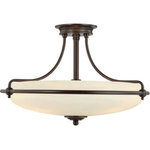 Quoizel Lighting - Quoizel Lighting Griffin - Four Light Semi-Flush Mount - 14" H, 21" D  Steel Material  (4) 100W A19 Medium Base, Bulb Not Supplied  Antique Nickel Finish  Shade: 18 1/2" x 4 1/2"  Item Weight: 12.00 LBS  This understated style provides a stylish, soft modern look for most any room. The opal etched shade diffuses the light evenly and illuminates your home with a soothing glow. It is held in place by a softly curved arms, finished in a sleek antique nickel.Griffin Four Light Semi-Flush Mount Palladian Bronze Opal Etched Glass *UL Approved: YES *Energy Star Qualified: n/a  *ADA Certified: n/a  *Number of Lights: Lamp: 4-*Wattage:100w A19 Medium Base bulb(s) *Bulb Included:No *Bulb Type:A19 Medium Base *Finish Type:Palladian Bronze