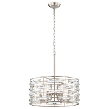 Sue Drum Shade Chandelier With Clear Glass Crystal Prism 6-light, Satin Nickel