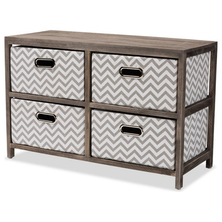 Jorah Gray And White Fabric Upholstered Graywashed Wood 4-Basket Storage Unit