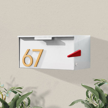 Short Stack Wall Mounted Mailbox + House Numbers, White, Brass Font