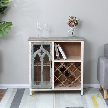 LuxenHome Distressed White and Gray Wood 1-Door Storage Wine Cabinet