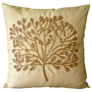 Beaded Tree Gold Art Silk 26"x26" Euro Pillow Covers, the Gold Tree