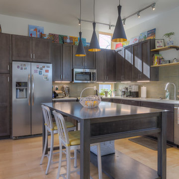 Open layout with custom steel island