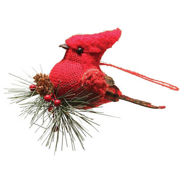 Burlap and Plaid Cardinal on Pine Sprig Christmas Ornament, 4.75"