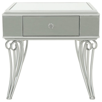 GDF Studio Mamie Modern Mirrored Tempered Glass Accent Table With Drawer, Silver