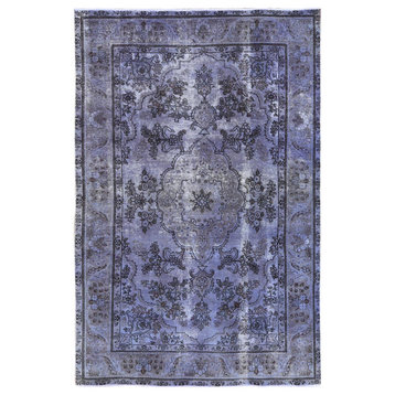 Purple Vintage Overdyed Persian Tabriz Worn Wool Hand Knotted Rug, 6'5" x 9'6"