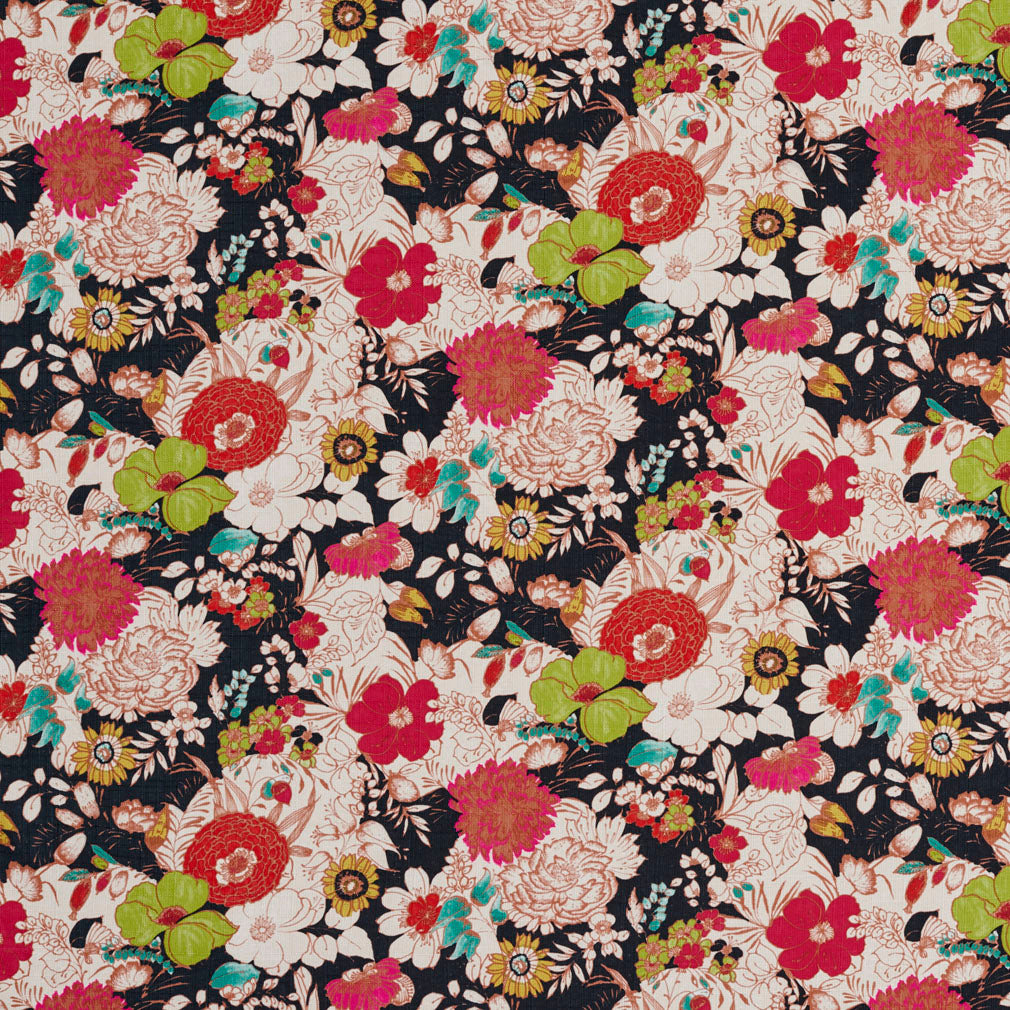 Black Pink Floral Linen Look Print Upholstery Fabric by the Yard, By ...