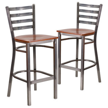 Set of 2 Bar Stool, Classic Design With Plywood Seat & Ladder Back, Clear Coated