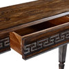 Console Greek Key Carved Solid Wood Rustic Pecan Fluted Legs