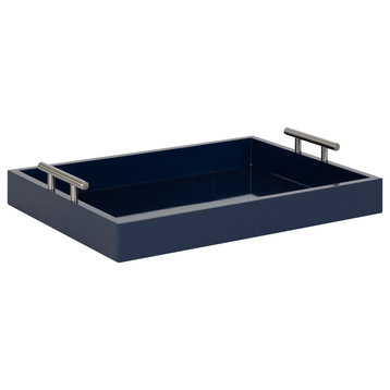 Lipton Decorative Wood Tray with Metal Handles, Navy Blue/Silver