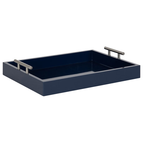 Lipton Decorative Wood Tray with Metal Handles, Navy Blue/Silver