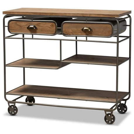 Baxton Studio Brown Finished Wood and Black Finished Metal 2-Drawer Kitchen Cart