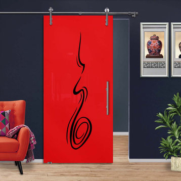 Sliding Door With Painted Glass & Design V1000, 34"x81", Red Back Painted