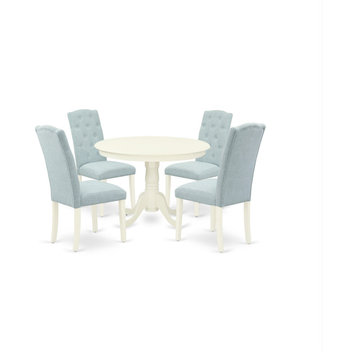 5-Piece Dining Set, Round Table, 4-Parson Chairs, Baby Blue Fabric, Linen White