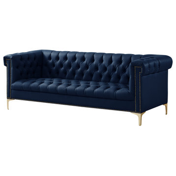 Grete PU Leather Sofa, Nailhead Trim With Y-Legs, Navy Blue/Gold Tone