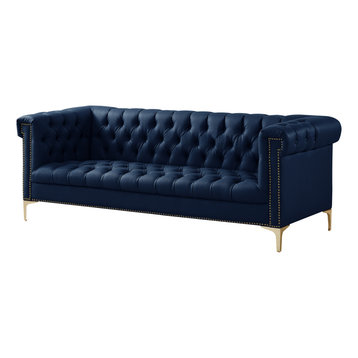 Grete PU Leather Sofa, Nailhead Trim With Y-Legs, Navy Blue/Gold Tone