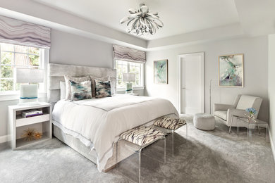 This is an example of a transitional bedroom in New York with grey walls, carpet and grey floor.