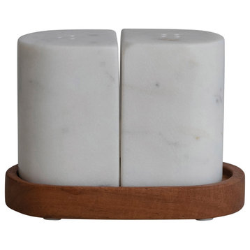 Minimalist Marble Salt and Pepper Shakers on Acacia Wood Tray, 3-Piece Set