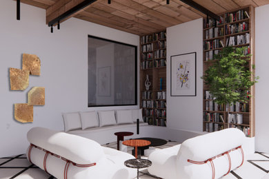 Foto de biblioteca en casa contemporánea grande con suelo de baldosas de porcelana, chimeneas suspendidas, pared multimedia y madera