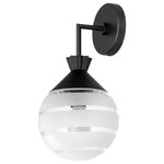 Maxim - Copacabana One Light Outdoor Wall Sconce in Black - A playful grouping of globe and tapered cylinder glass shades feature a distinctive striped pattern as they are held from crown-like fonts. Spiritedly vintage and excitingly modern  this fashionable series of outdoor rated sconces and pendants connects styles generationally and with renewed imagination. The wide stripes of etched glass are separated with thinner clear glass lines softening the light source in a unique and approachable pattern. The crown tops feature sharply pleated angles that recall the iconic pineapple lanterns  but has updated them with an updated appeal. Sophisticated and full of energy  this design evokes the timeless spirit in Americana tastefully.&nbsp