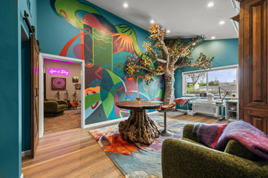 Example of a large eclectic enclosed vinyl floor and brown floor home theater design in San Francisco
