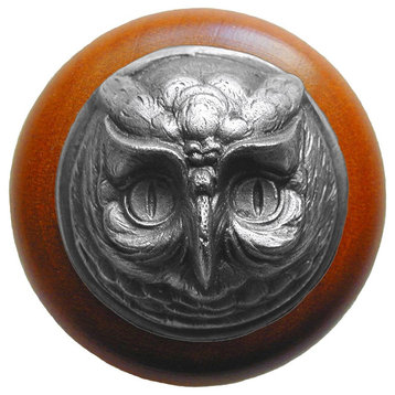 Wise Owl Wood Knob, Antique Brass, Cherry Wood Finish, Antique Pewter