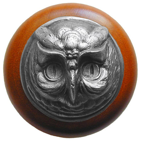 Wise Owl Wood Knob, Antique Brass, Cherry Wood Finish, Antique Pewter