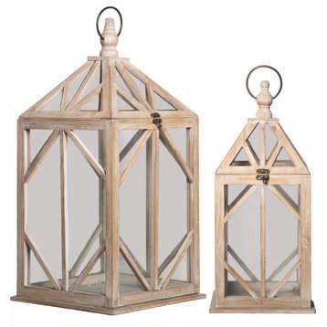 Square Wood Lantern with Diamond Design Natural Wood Brown Finish, Set of 2