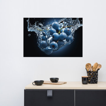 Freshness Unleashed Blueberries in Water Photorealism Digital Art Loose Print