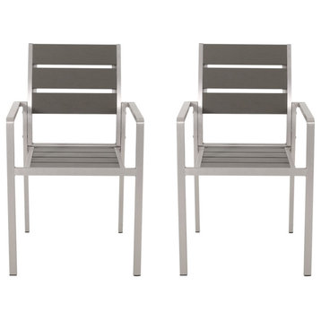 Jessica Outdoor Dining Chair With Faux Wood Seat, Set of 2, Gray/Silver
