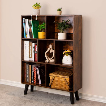 3 Tier Mid-Century Modern Bookcase with Legs, Rustic Brown