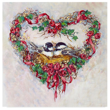 Barbara Mock ' Pair  Birds And A Heart Wreath' Canvas Art