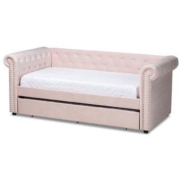 Baxton Studio Mabelle Velvet and Wood Twin Daybed with Trundle in Light Pink