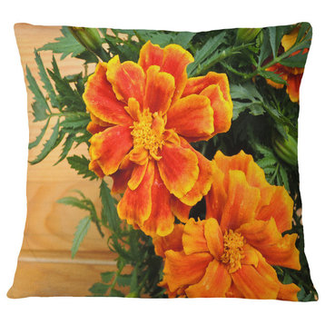 Marigold Flower On Wooden Background Floral Throw Pillow, 16"x16"