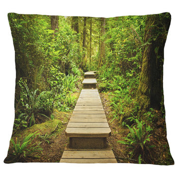 Path in Temperate Rainforest Landscape Photography Throw Pillow, 18"x18"